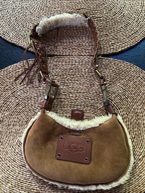 UGG Chestnut Suede Shearling Crescent Shoulder Bag